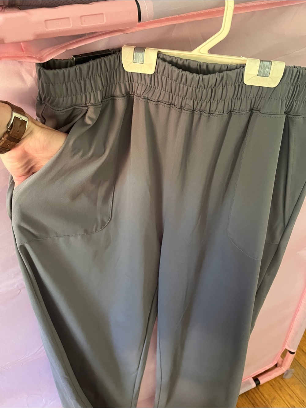 Tahari Gray Elastic-Waist Trousers; silky and smooth and flowing.